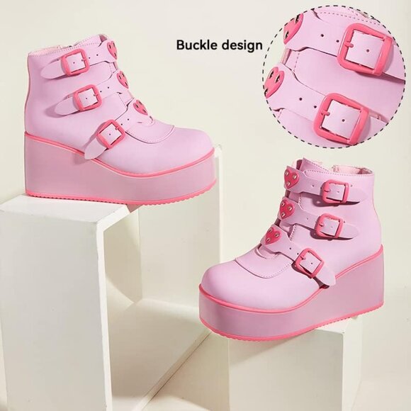 🆕 Fuchsia Chunky Platform Ankle Boots Women PU Goth Wedge Heel Rave Booties Zip - Picture 3 of 8